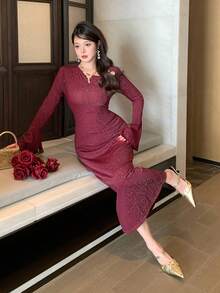 DAZY Romantic Design Oblique Placket Flare Sleeve Fitted Mid-Length Dress For Women, Spring Wedding Guest Dress Maxi Dress Sundress - Burgundy - View 9