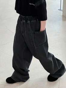 DAZY Tween Boy Casual Fashionable Street Daily Commute Slogan Print Elastic Waist Patchwork Pocket Loose Wide Leg Jeans - Dark Wash - View 5