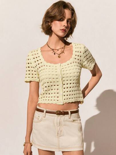 Poéselle 2026春夏新款休闲浅黄色镂空时尚韩版简约日常百搭纯色浪漫甜美田园法式优雅独特女士针织上衣