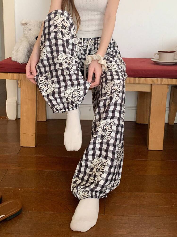 Plaid & Floral All-Over Print Loose Women Pajama Bottoms