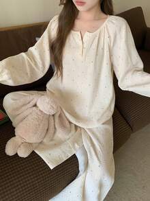 DAZY Polka Dot Print Loose Lantern Sleeve Women Pajama Set, Soft Crepe Fabric - Beige - View 13