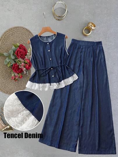 GlowEve CURVE 大码女式仿牛仔开衫圆领无袖蕾丝边休闲优雅背心上衣 + 松紧腰阔腿裤通勤百搭舒适两件套