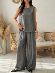 Vivie Lora Women's Striped Sleeveless Tank Top And Wide Leg Pants 2 Pieces Set - Dark Grey - View 5
