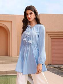 Graceveil Floral Drawstring V-Neck Ruched Waist Long Sleeve Elegant Blouse For Women - Blue - View 6