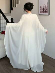 DAZY Women's Elegant Long Dress With Beaded Shawl Collar Design - Ivory White - View 6