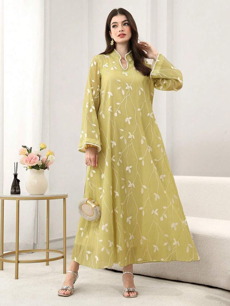 Yasmyna رمضان فستان أنيق عربي مطرز بأكمام طويلة مصنوع من نسيج مُنسوج أصفر للنساء في الربيع والصيف - أصفر - مشاهدة 6