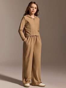 SHEIN 2pcs Tween Girls Knit Lightweight Sun Protection Casual T-Shirt Jacket And Wide Leg Pants Set, Suitable For Spring/Summer Everyday Casual Wear - Khaki - View 3