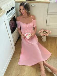 Snug Reverie Áo ngủ nữ tay ngắn dáng chữ A màu trơn dễ thương, viền ren, phối nơ. - Màu Hồng baby - Xem 5