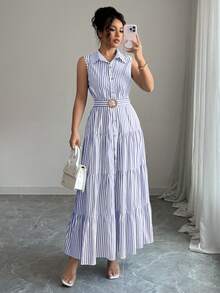 Elenzga 女士条纹纽扣腰无袖连衣裙 - 藏蓝色 - 查看 5