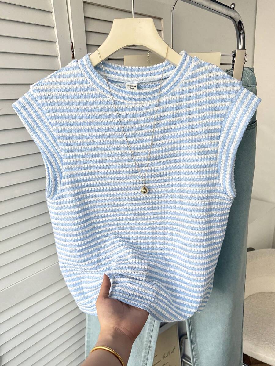 SHEIN 少女条纹圆领短袖休闲T恤，简约休闲装 - 藍白色 - 查看 1