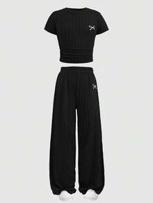 SHEIN 青少年女孩休閒簡約舒適圓領短袖側抓褶短版T恤與長褲套裝 - 黑色 - 查看 6