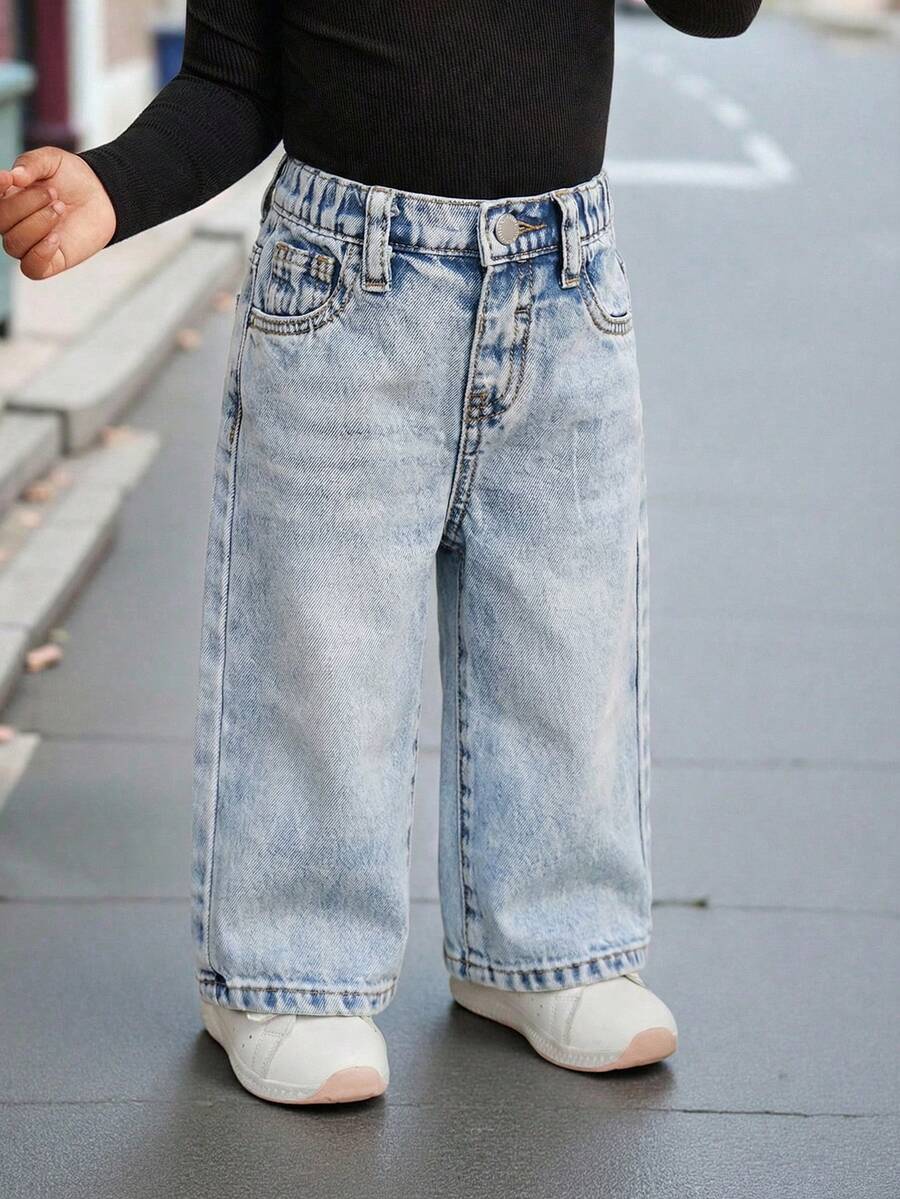 SHEIN Quần jean ống đứng dáng rộng màu xanh cổ điển cho bé gái - Rửa nhẹ - Xem 1