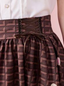 ROMWE Kawaii Retro Chocolate Heart Cookie, Teddy Bear, Bow, Cake, High Heel, Crown Tea Party Print Midi A-Line Skirt - Multicolor - View 7