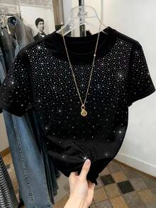 Resyla 1件女士时尚简约水钻装饰双色短袖圆领T恤，送朋友的礼物 - 黑色 - 查看 4