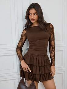 Aidyla 时尚优雅蕾丝拼接褶皱修身衬衫 - 咖啡棕 - 查看 3