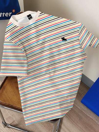 Manfinity Joysei Camiseta de manga corta a rayas multicolor clásica, camiseta de hombre de cuello redondo con logo de caballo de moda minimalista casual, camiseta unisex