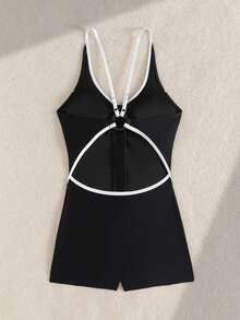 Swim SPRTY Women's One-Piece Swimsuit, Zipper Front Sleeveless Swimwear, Sporty Beach Vacation Swimsuit - Black and White - View 6