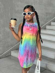 SHEIN 少女休闲街头风扎染印花圆领前短后长无袖连衣裙 - 彩色 - 查看 3