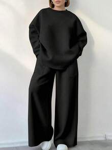 EMERY ROSE 2pcs/Set Women Plus Size Casual Solid Color Top & Pants Set - Multicolor - View 1