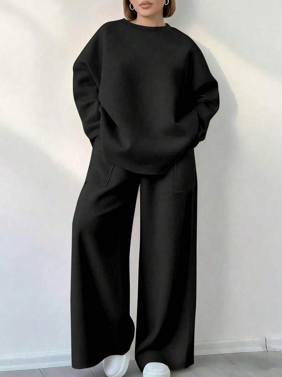 EMERY ROSE 2pcs/Set Women Plus Size Casual Solid Color Top & Pants Set - Multicolor - View 1