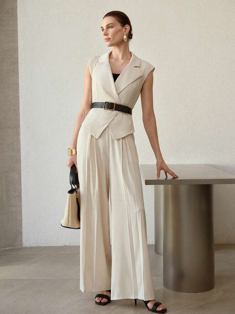 WOMEN'S SOLID FOLD PLEATED WIDE LEG OFFICE SUIT PANTS