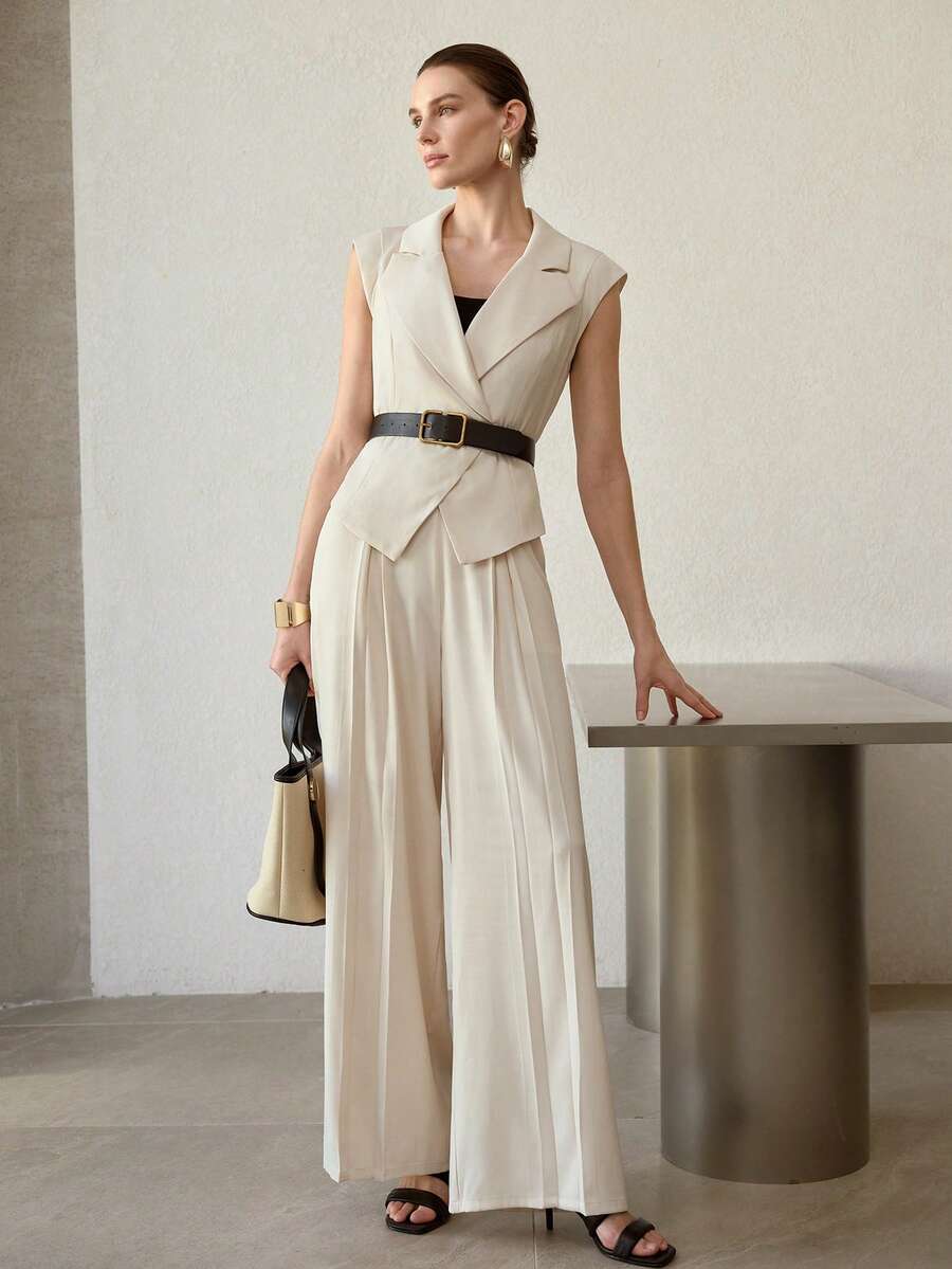 MOTF PREMIUM 女士纯色褶裥阔腿办公西装裤 - 米色 - 查看 1