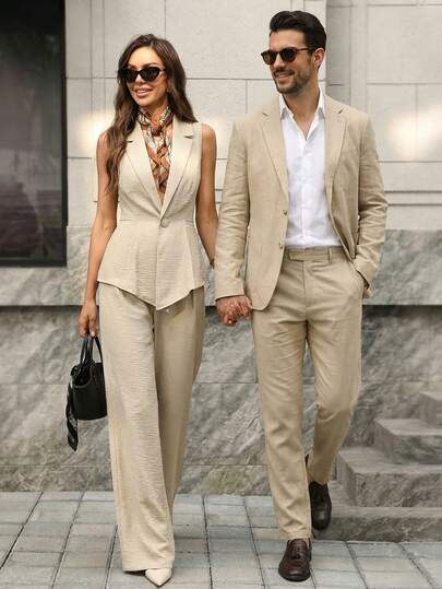 Editum Conjunto de 2 piezas de blazer y pantalón de pierna ancha de unicolor elegante y minimalista para mujer, ideal para vacaciones de verano y festivales. Nuevo conjunto de 2 piezas de chaleco de lino de unicolor con lazo en la cintura y pantalón de pierna ancha plisado de cintura alta. Conjunto elegante y sencillo para ir a la oficina, graduación, escuela o como atuendo modesto para maestras en primavera/verano.