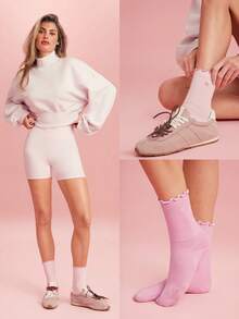 GLOWMODE Comfy Flex Seamless Toe Construction Embroidered Ruffle Socks Daily Casual - White+Barely Pink+Pink - View 8