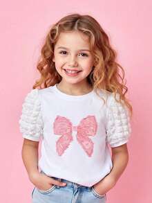 Young Girl Bow Print Round Neck Short Puff Sleeve Casual T-Shirt - White - View 3