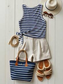 Franclia Women's Casual Striped Print Tank Top, Summer - Navy Blue - View 2