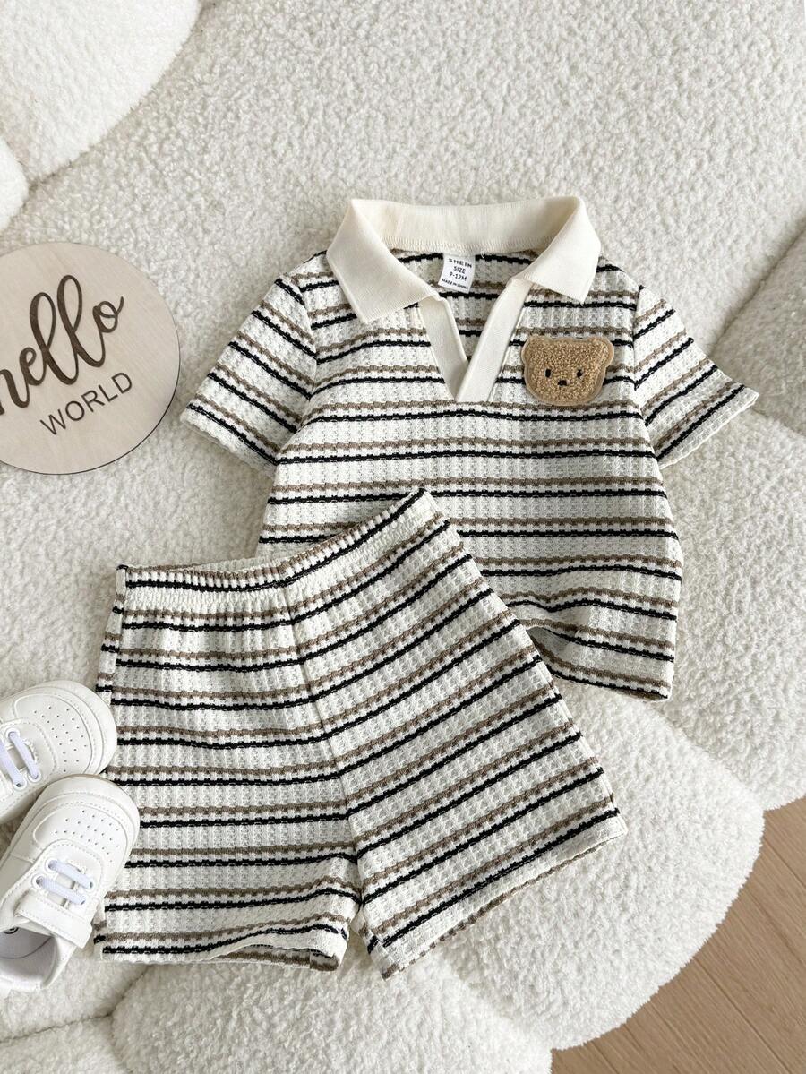 2pcs Baby Boy Cute Casual Striped Polo Collar Knit Top & Elastic Waist Shorts Set - Brown - View 1