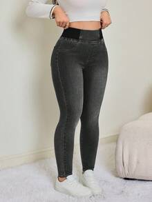 SHEIN Tall Women's Casual Washed High Waist Slim Fit Jeans Autumn/Winter Elastic Waistband High-Stretch Comfort Fabric Dark-Wash Skinny Jeans - Grey - View 3