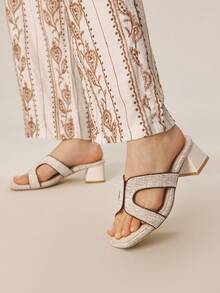 Styleloop Women's Square Toe Casual High Heel Slide Sandals - Apricot - View 3