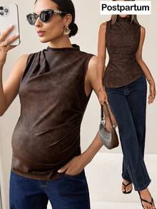 MaterniWear Maternity Clothes Maternity Tops Elegant Office Attire For Commuting Summer Ancient Tie-Dye Printed Camisole, Dark Brown Top, Brown Top, Women's Leather Top, Turtleneck Top, Sleeveless Top - Brown - View 1