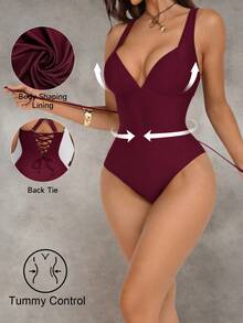 Shapewave 女士棕色拼接聚拢收腹连体泳衣，后背交叉系带设计，优雅性感，适合派对和泳池穿着 - 酒紅色 - 查看 3