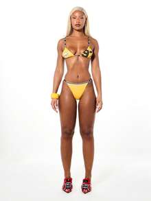 SUMWON WOMEN Triangle Bikini Set With Logo Tape Straps And Bottom Elastic Waistband Perfect For Summer Beach Vacation - Yellow - View 4
