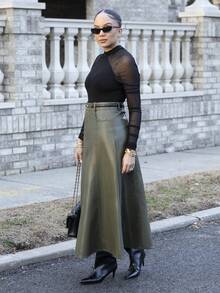 Melissa Matos 2025秋冬新款派对/新年百褶裙，女士休闲时尚军绿色仿皮柔软舒适A字裙，商务通勤/日常穿着皆宜，适合5-15℃，万圣节、圣诞节、情人节、感恩节等场合，也适合办公室、下午茶、节日派对、婚礼宾客等场合，简约优雅都市时尚，纯色修身百搭通勤裙 - 軍綠色 - 查看 6