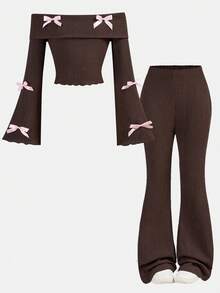 SHEIN Girls' Elegant Color Block Bow Decor Textured Fabric Pink Bow Accent Off-Shoulder Flare Sleeve Long Sleeve T-Shirt And Brown Flare Pants 2-Piece Set - Brown - View 2