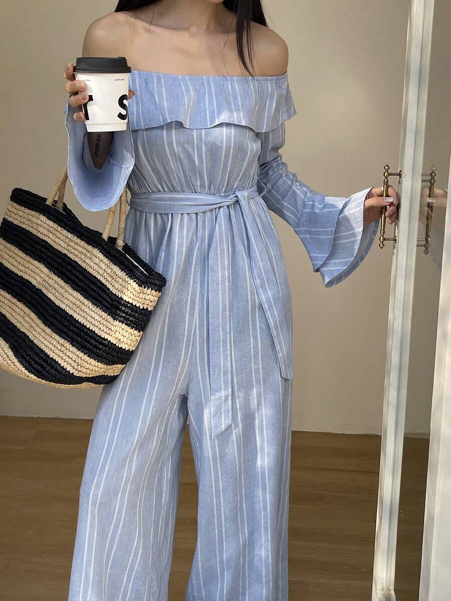 DAZY 女士度假风拼接荷叶边条纹单肩喇叭袖阔腿连体裤 - 藍色 - 查看 1