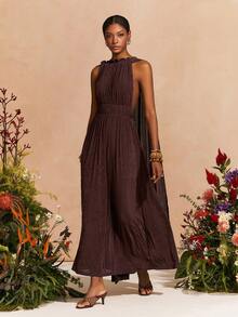 Zivah 2026 春季新款音乐节、复活节、西部风、游牧风、生日派对、日常休闲百搭斗篷连衣裙，采用弹力针织面料、弹力腰带、亮面雪纺、露背荷叶边下摆和褶皱面料，深棕色长款连衣裙 - 咖啡棕 - 查看 7