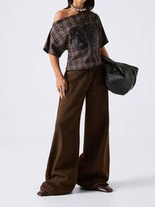 LYSMO 女士数字刺绣格子斜肩短袖时尚衬衫 - 橄欖綠 - 查看 7