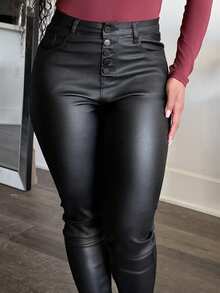 Tyla Gomez Yuwenier Rave High Waist Button Fly PU Leather Stretchy Skinny Pants Casual Trousers Music Festival - Black - View 3