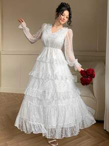 DAZY Women's V-Neck Floral Embroidery Waist Cinched Dress, Elegant - Black and White - View 3