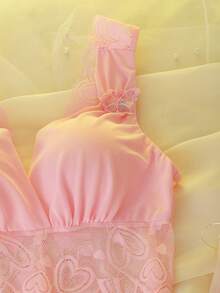 DelicateAllure Women's Contrast Lace High Slit Hem Semi-Sheer Sexy Nightgown And Thong Set - Dusty Pink - View 8