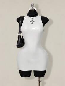 SHEIN ICON 2026 New Arrive Women's Y2k White Solid Color Backless Sleeveless Bodycon Mini Dress,Spring/Summer Open Back ,Summer - White - View 5