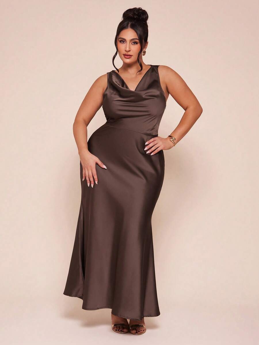 SHEIN BAE 优雅无袖缎面束腰连衣裙 - 咖啡棕 - 查看 1
