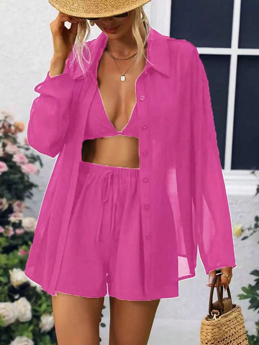 Selianne Bộ 3 món áo dài tay phối lưới phía trước dành cho nữ - Màu Hồng Tươi - Xem 1