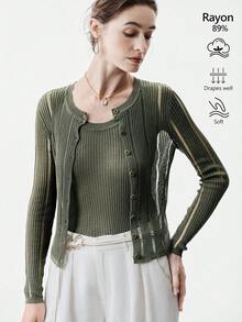 Aalyst 2pcs/Set Women's Hollow Out Shiny Knit Cover Up & Camisole Top, Lightweight Sun Protection Sweater, Summer - Army Green - View 1