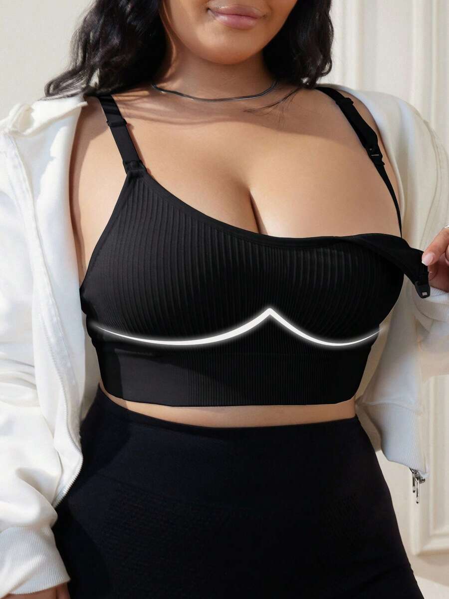 Moonlight&Mama 1pc Plus Size Seamless Ribbed Comfortable Nursing Bra Black Summer - Black - View 1