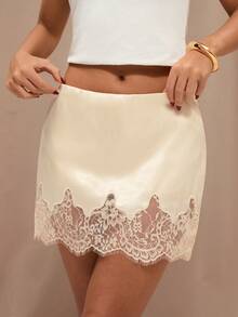 SHEIN BAE Women's Lace Patchwork Fashionable Versatile Date Party Mini Skirt - Apricot - View 6